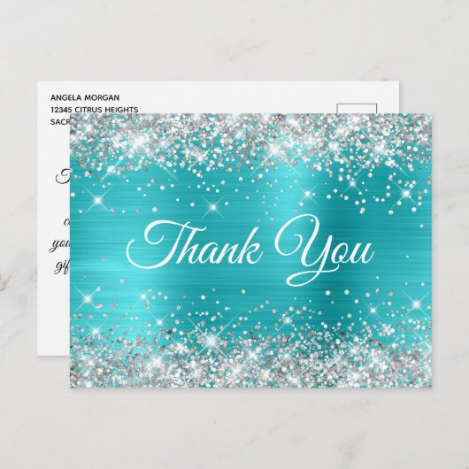 きらきらシルバー ターコイズブルー スイート16 ありがとう ポストカード (正面/裏面)