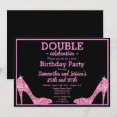 きらきらピンクのステレオ・ハイ・ヒール・ダブル誕生日 招待状 (正面/裏面)