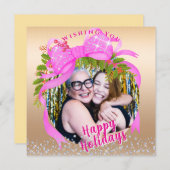 きらきらピンクリボン クリスマス フラット ホリデー カード (正面/裏面)