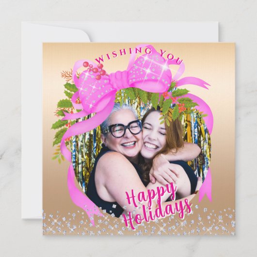 きらきらピンクリボン クリスマス フラット ホリデー カード (正面)