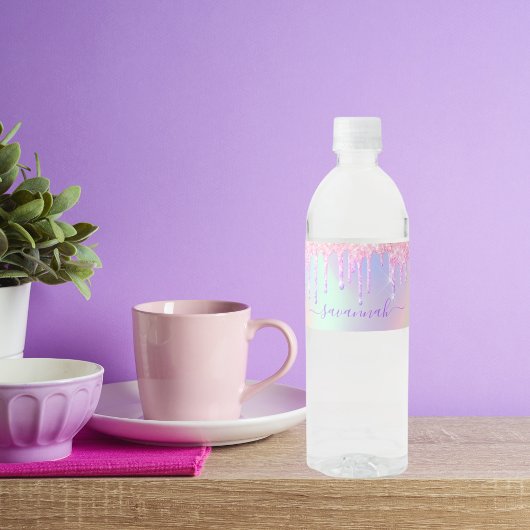 きらきらピンク ローズゴールド レインボー ホログラフィック 名前 ペットボトルラベル