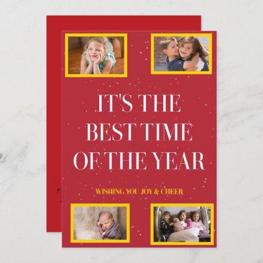 きらきらフレームの雪の赤いクリスマスの喜び シーズンカード (正面/裏面)