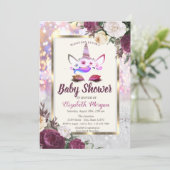 きらきらユニコーン ワインレッドの花のベビーシャワー 招待状 (スタンド正面)