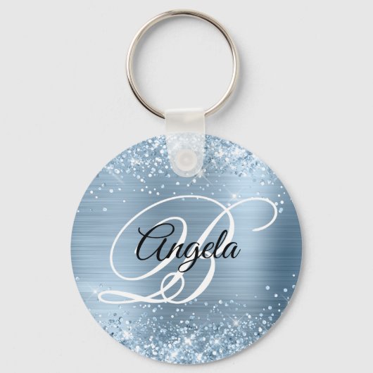 きらきらライトブルーフォイルおしゃれなモノグラム キーホルダー (正面)