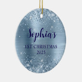 きらきらライトブルーフォイル1歳のクリスマス写真 セラミックオーナメント (右)