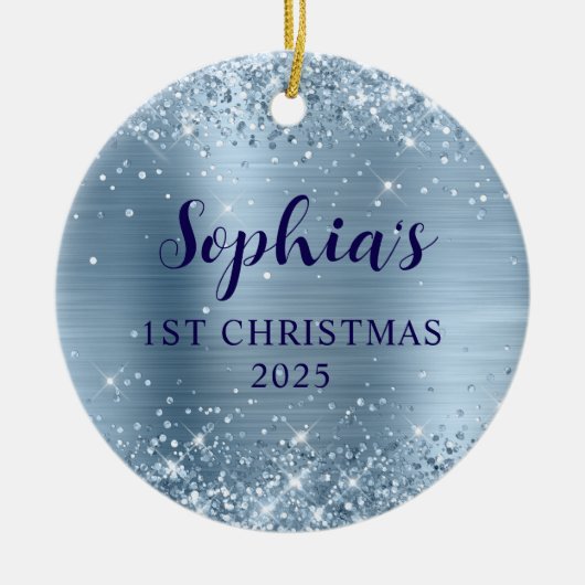 きらきらライトブルーフォイル1歳のクリスマス写真 セラミックオーナメント (正面)