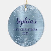 きらきらライトブルーフォイル1歳のクリスマス写真 セラミックオーナメント (左)