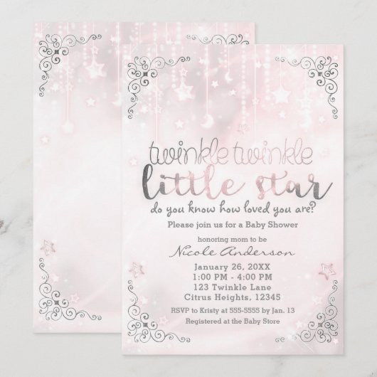 きらきらリトルスター ピンク&シルバー ベビーシャワー 招待状 (正面/裏面)
