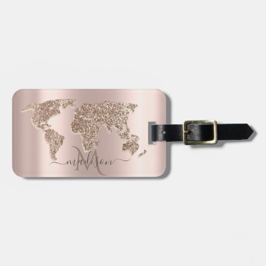 きらきら世界地図 旅行 ローズゴールド モノグラム ラゲッジタグ (正面横)