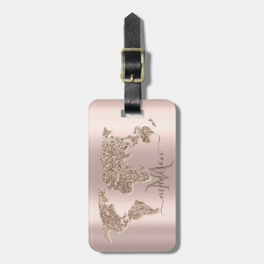 きらきら世界地図 旅行 ローズゴールド モノグラム ラゲッジタグ (正面縦)