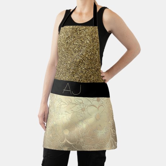 きらきら光るきらきら光る金ゴールドグリッターと黒フローライニシャル エプロン (インサイチュ)