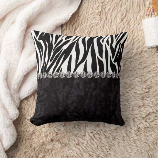 きらきら光るなシマウマのプリントの黒のビロードのダイヤモンド クッション (ブランケット)