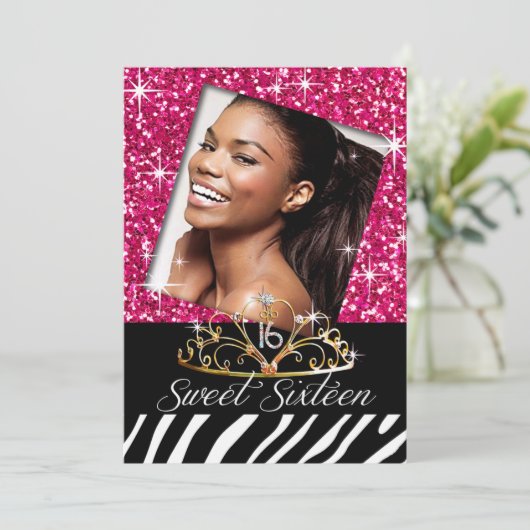 きらきら光るなティアラのシマウマの菓子16の誕生祝い 招待状 (スタンド正面)