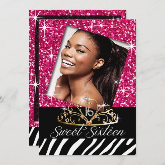 きらきら光るなティアラのシマウマの菓子16の誕生祝い 招待状 (正面/裏面)