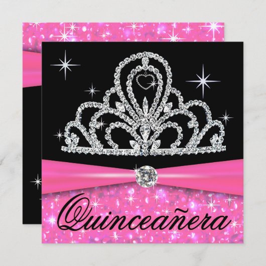 きらきら光るなピンクの黒いキンセアニェラのプリンセスのティアラ 招待状 (正面/裏面)