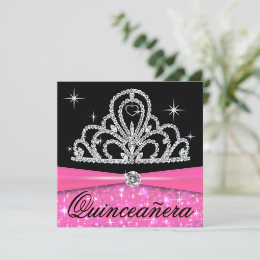 きらきら光るなピンクの黒いキンセアニェラのプリンセスのティアラ 招待状 (スタンド正面)