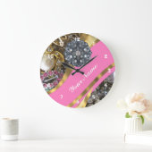 きらきら光るなピンク及び金ゴールド ラージ壁時計 (ホーム)