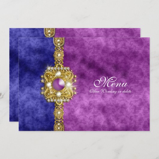 きらきら光るなメニュー紫色の青いダマスク織 メニュー (正面/裏面)