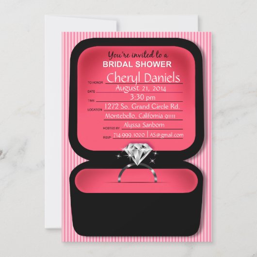 きらきら光るなリング箱のブライダルシャワーの珊瑚 招待状 (正面)