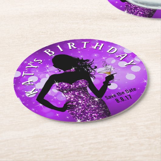 きらきら光るな爆弾の輝きの保存日付|の紫色 ラウンドペーパーコースター (アングル)