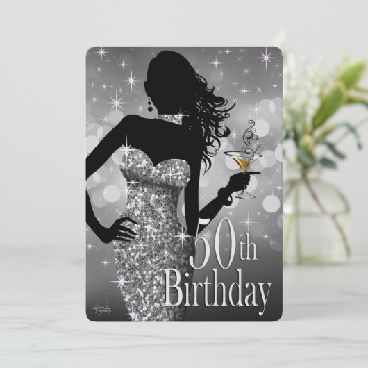 きらきら光るな輝きの金属氷第50の誕生日|の銀 招待状 (スタンド正面)