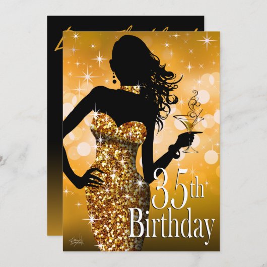 きらきら光るな輝き第35の誕生日|の金ゴールドを持って来て下さい 招待状 (正面/裏面)