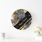 きらきら光るな黒及び金ゴールド ラージ壁時計 (ホーム)