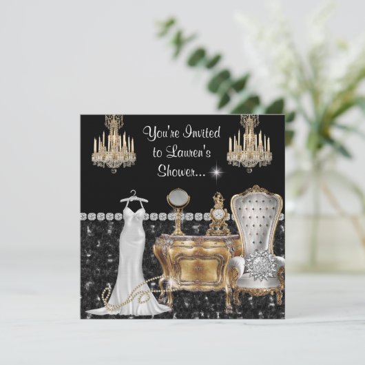 きらきら光るのぼろぼろのシックなヴィンテージのブライダルシャワー 招待状 (スタンド正面)