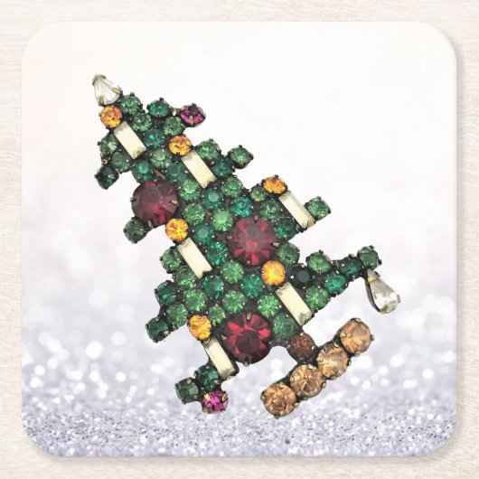 きらきら光るクリスマスツリーグリッター スクエアペーパーコースター (正面)