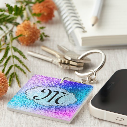 きらきら光るグリッターガーリーピンクパープルティール(緑がかった色)キーチェーン キーホルダー (正面右)