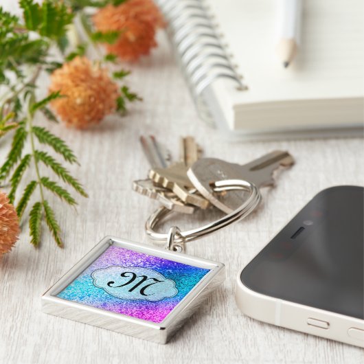 きらきら光るグリッターガーリーピンクパープルモノグラムキーチェーン キーホルダー (側面)