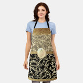 きらきら光るグリッター金ゴールドとブラックイニシャル エプロン (着用した状態)