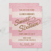 きらきら光るピンクはっきりしたのストライプSweet sixteenパーティー 招待状 (正面/裏面)