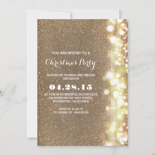 きらきら光るヴィンテージ金ゴールドクリスマスパーティー冬 招待状 (正面)