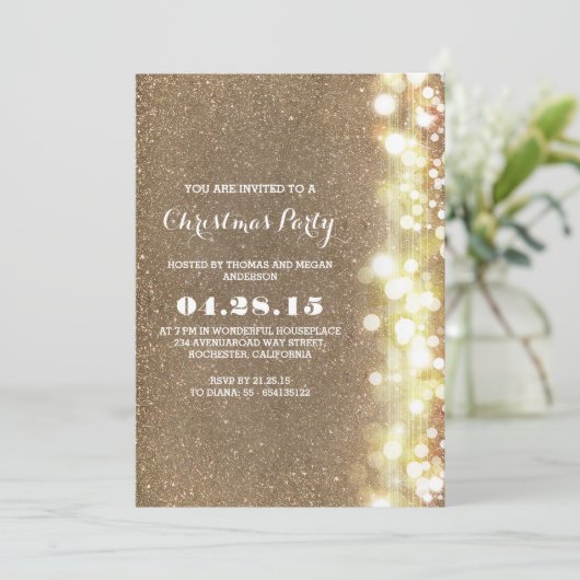 きらきら光るヴィンテージ金ゴールドクリスマスパーティー冬 招待状 (スタンド正面)