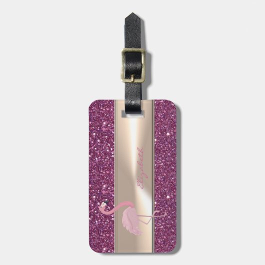 きらきら光る可愛らしいピンクのフラミンゴ ラゲッジタグ (正面縦)