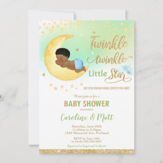 きらきら光る小さな星の赤ちゃんシャワーアフリカ系アメリカ人 招待状 (正面)