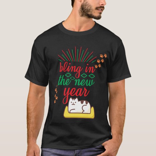 きらきら光る長椅子に座る年末年始の猫 Tシャツ (正面)