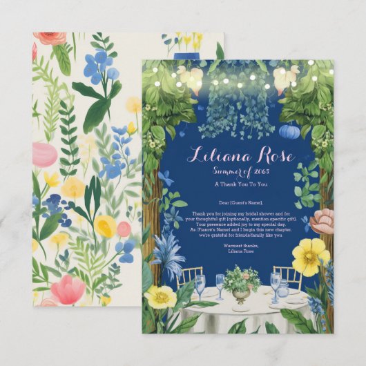 きらきら光る青い花園のブライダルシャワー サンキューカード (正面/裏面)