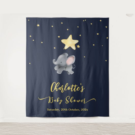 きらきら夜空の下の可愛い象と風船 タペストリー (正面)