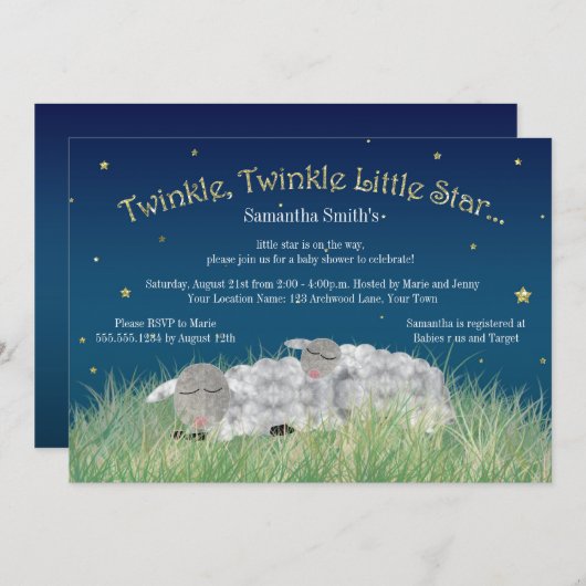 きらきら小さな星かわいい羊のベビーシャワー 招待状 (正面/裏面)