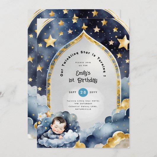 きらきら星のお誕生日会 1歳の誕生日とベビーシャワーボーイ 招待状 (正面/裏面)