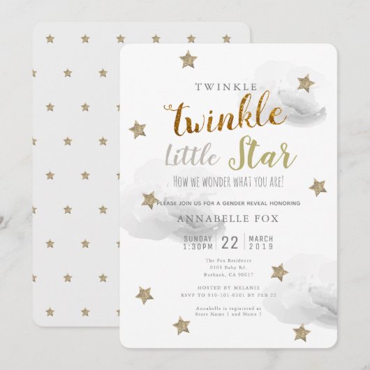きらきら星のジェンダー発表ベビーシャワー 招待状 (正面/裏面)