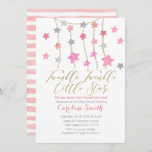 きらきら星の女の子ベビーシャワーの招待状 招待状 (正面/裏面)