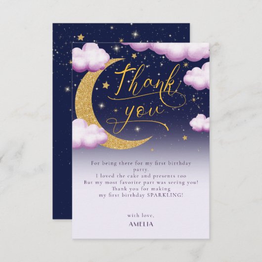 きらきら星の女の子1歳の誕生日感謝カード サンキューカード (正面/裏面)