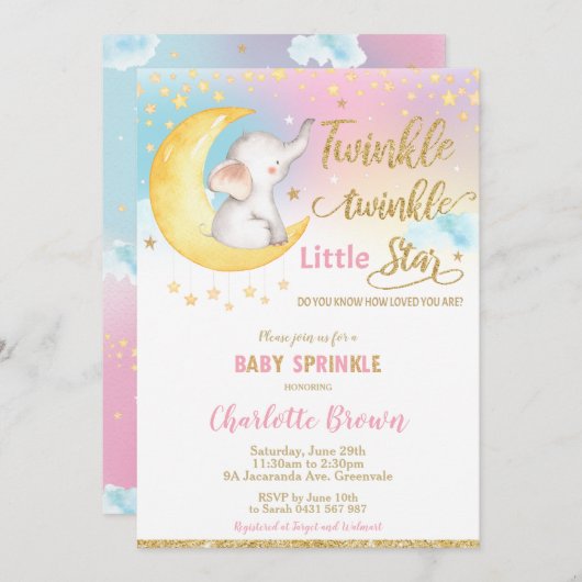 きらきら星の赤ちゃん象の女の子のプレゼント 招待状 (正面/裏面)
