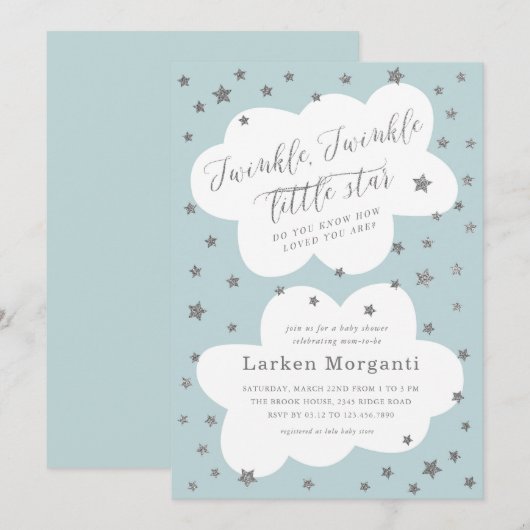きらきら星の青いベビーシャワー 招待状 (正面/裏面)