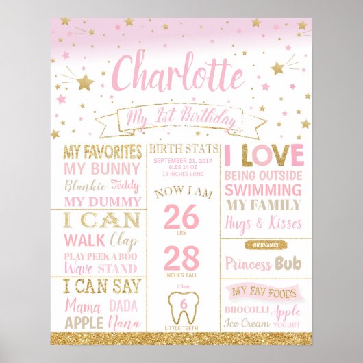 きらきら星の1歳誕生日マイルストーン 誕生統計 ポスター (正面)