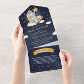 きらきら星 月 ネイビーブルー 象 ベビーシャワー オールインワン招待状 (貼ってはがせる)