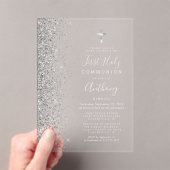 きらきら縁のシルバー テキスト ファースト ホーリー コミュニオン アクリル招待状 (インサイチュ (ポータブル))
